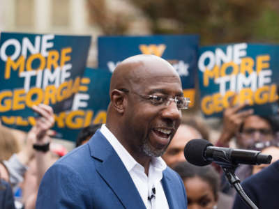 Sen. Raphael Warnock holds a press conference to discuss his runoff campaign on November 10, 2022, in Atlanta, Georgia.
