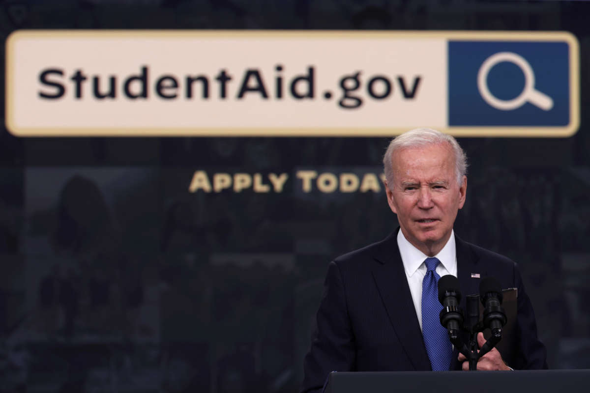 President Joe Biden speaks on the student debt relief program in the South Court Auditorium at the Eisenhower Executive Office Building on October 17, 2022, in Washington, D.C.