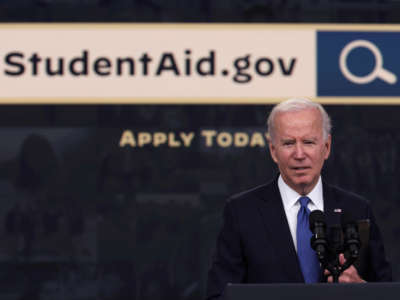 President Joe Biden speaks on the student debt relief program in the South Court Auditorium at the Eisenhower Executive Office Building on October 17, 2022, in Washington, D.C.