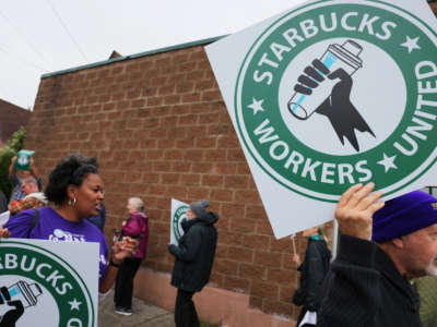 Starbucks workers hold a rally on October 5, 2022, in New York City.