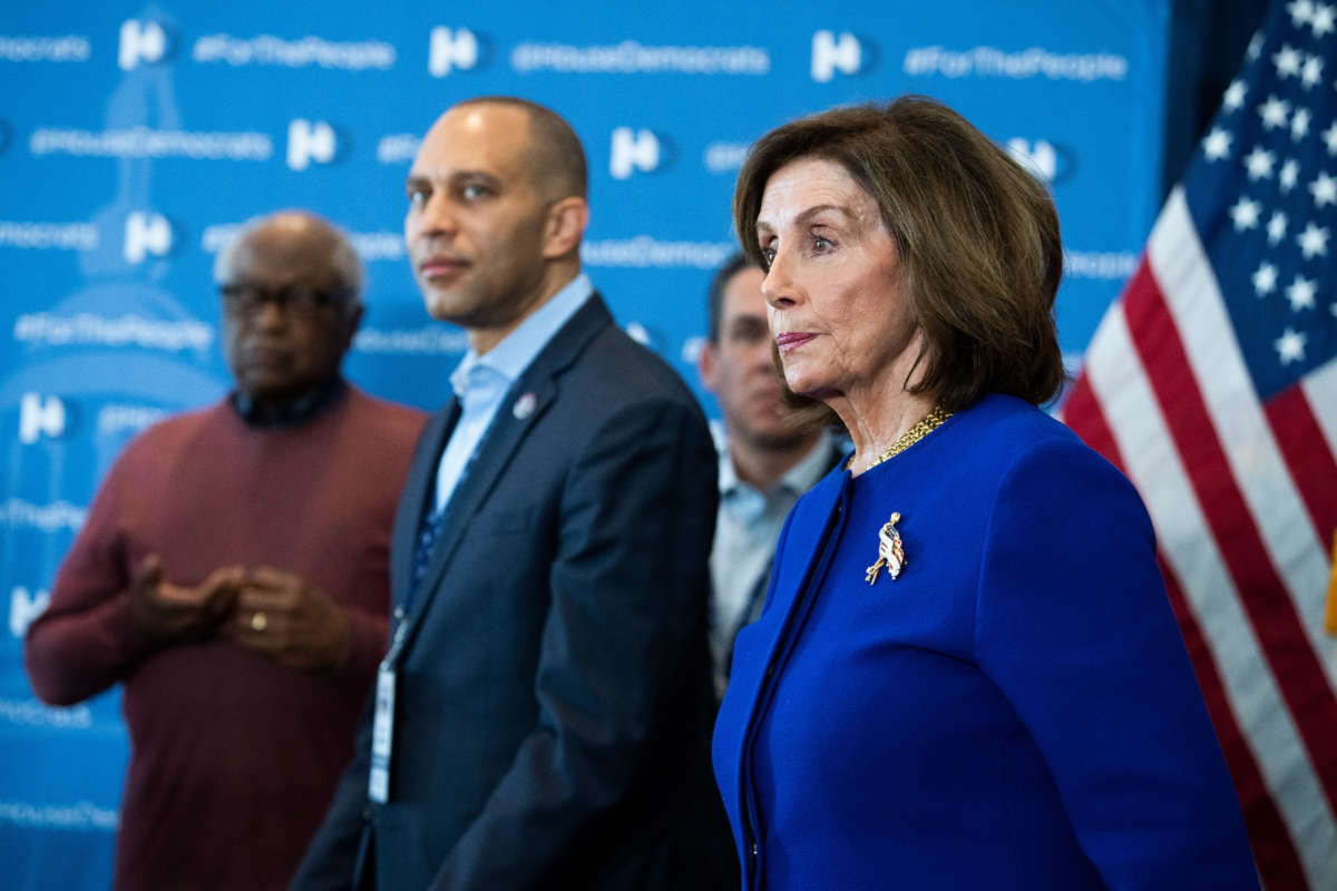 From right, Speaker of the House Nancy Pelosi, vice chair Rep. Pete Aguilar, Democratic Caucus Chair Hakeem Jeffries, and House Majority Whip Jim Clyburn conduct a news conference during the House Democratic Caucus Issues Conference in Philadelphia, Pennsylvania, on March 11, 2022.