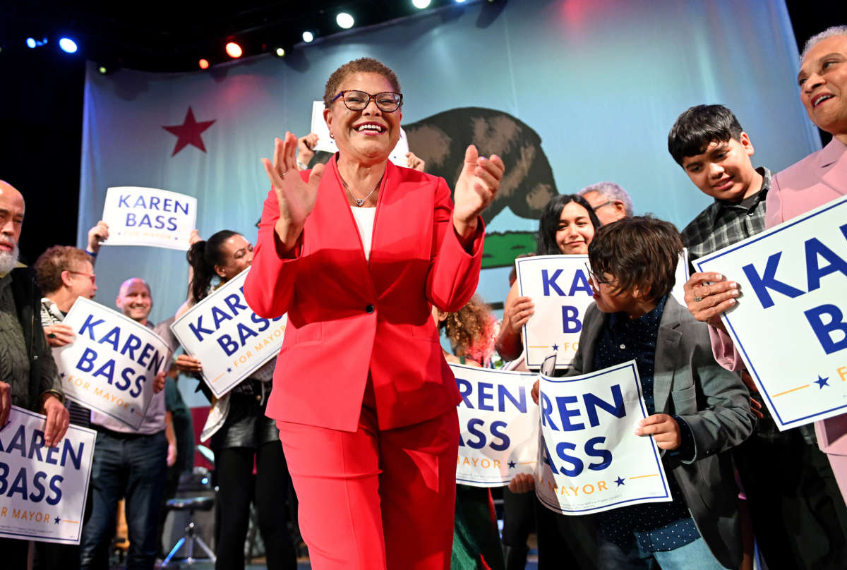 Los Angeles mayoral candidate Karen Bass is pictured during election night at the Palladium in Hollywood, California, on November 8, 2022.