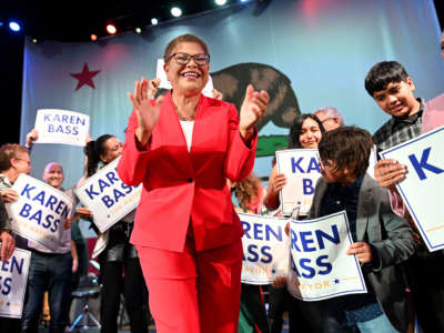 Los Angeles mayoral candidate Karen Bass is pictured during election night at the Palladium in Hollywood, California, on November 8, 2022.