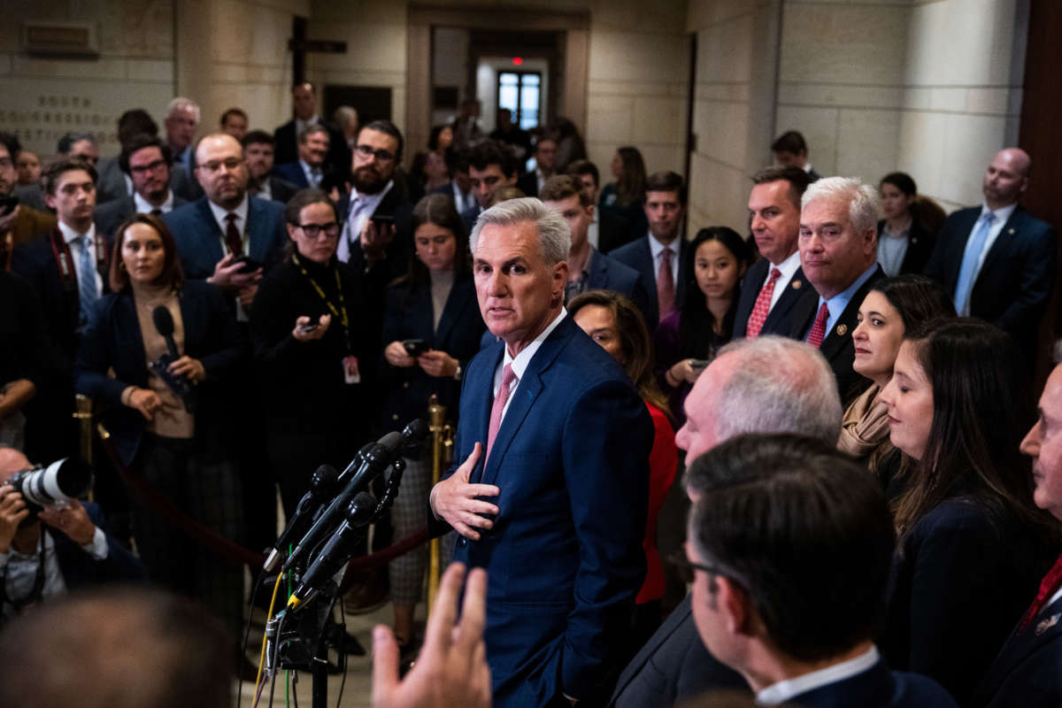 House Minority Leader Kevin McCarthy conducts a news conference after securing the Republican nomination for Speaker of the House in the Capitol Visitor Center on November 15, 2022.