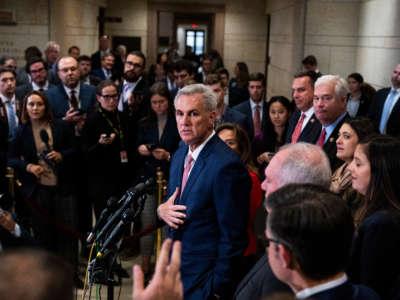 House Minority Leader Kevin McCarthy conducts a news conference after securing the Republican nomination for Speaker of the House in the Capitol Visitor Center on November 15, 2022.