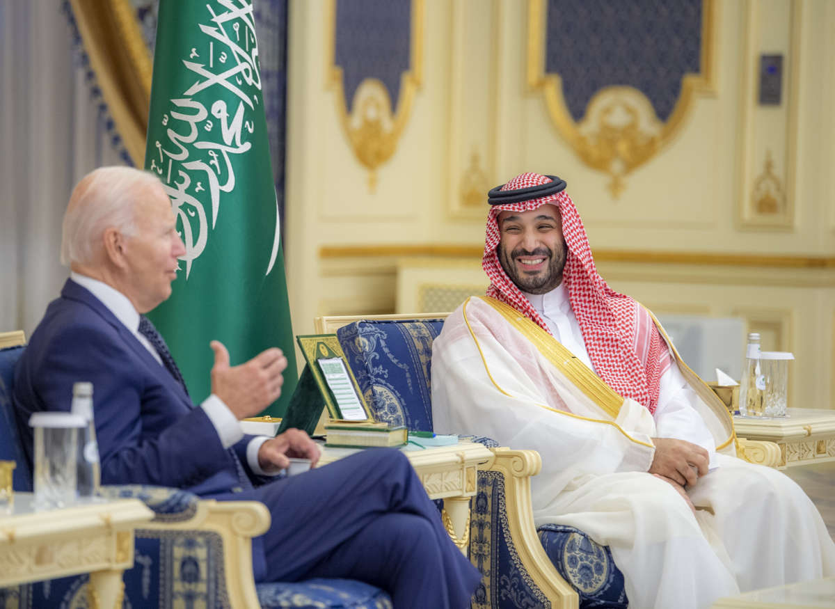 President Joe Biden, left, meets Saudi Arabian Crown Prince Mohammed bin Salman at the Royal State Palace in Jeddah, Saudi Arabia, on July 15, 2022.