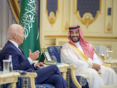 President Joe Biden, left, meets Saudi Arabian Crown Prince Mohammed bin Salman at the Royal State Palace in Jeddah, Saudi Arabia, on July 15, 2022.