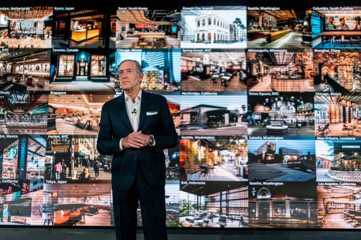 CEO of Starbucks Howard Schultz speaks to the audience during Investor Day at Starbucks Headquarters in Seattle, Washington, on September 13, 2022.