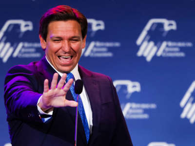 Florida Governor Ron DeSantis waves to supporters at the Republican Jewish Coalition Annual Leadership Meeting in Las Vegas, Nevada, on November 19, 2022.