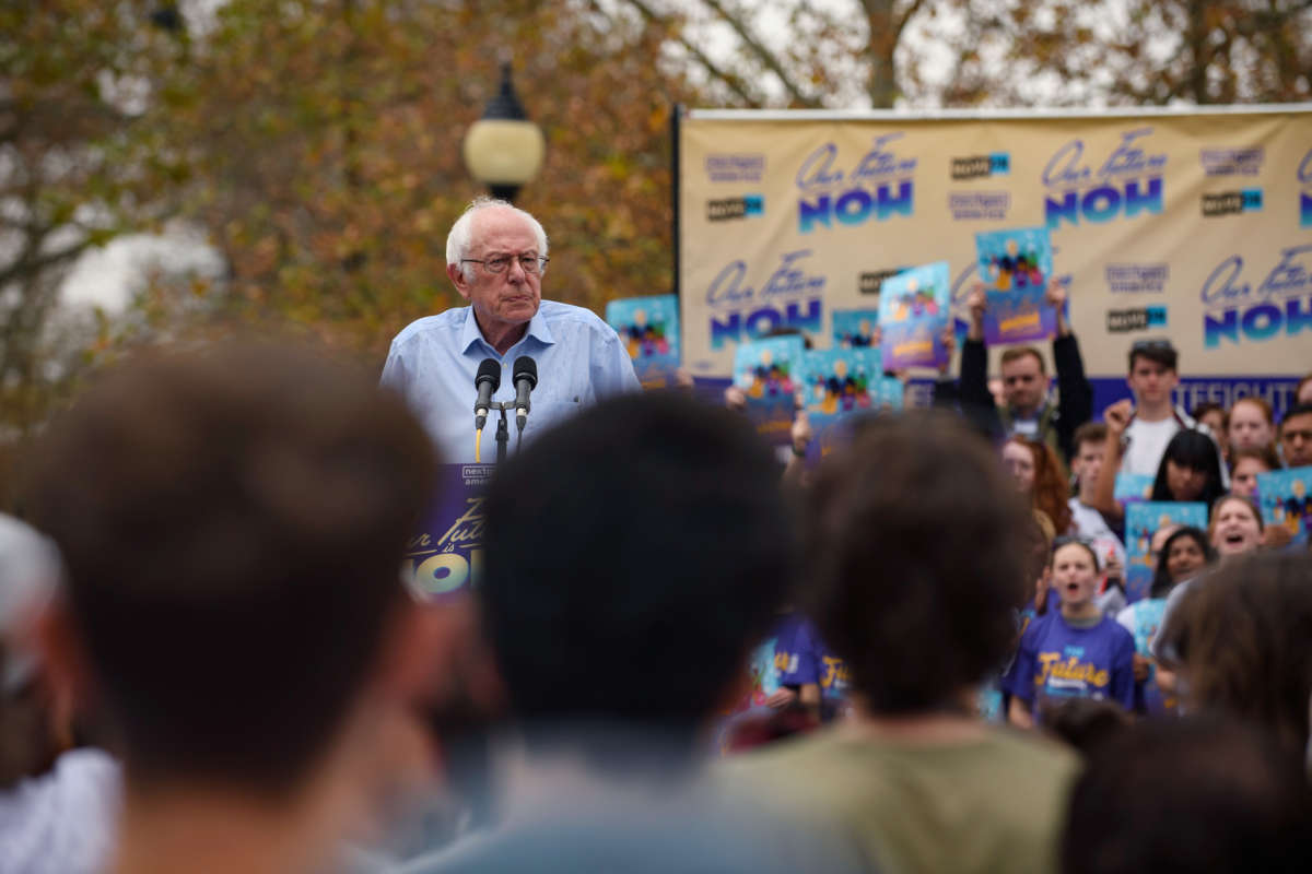 Sen. Bernie Sanders speaks during a "Our Future is Now" tour stop on November 6, 2022, in Pittsburgh, Pennsylvania.