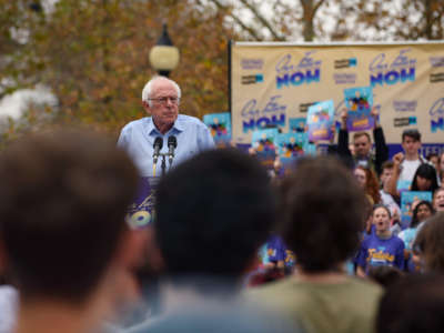 Sen. Bernie Sanders speaks during a "Our Future is Now" tour stop on November 6, 2022, in Pittsburgh, Pennsylvania.