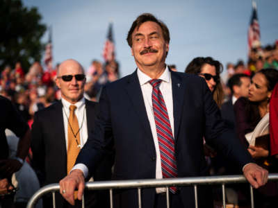 MyPillow CEO Mike Lindell greets people before former President Donald Trump arrives to speak at a rally at the Lorain County Fairgrounds on June 26, 2021, in Wellington, Ohio.
