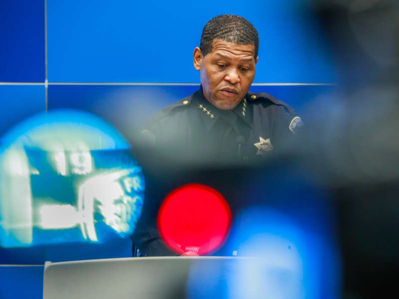 San Francisco Police Chief William Scott speaks during a press conference to present 2021 crime statistics on violent crimes and property crime at the San Francisco Police Department Headquarters on January 26, 2022, in San Francisco, California.