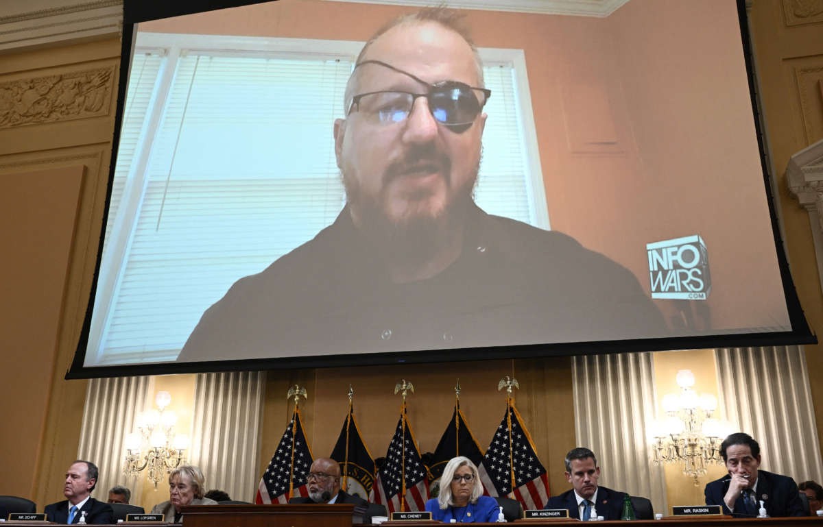 Stewart Rhodes, founder of the Oath Keepers, is seen on a screen during a House Select Committee hearing to Investigate the January 6th Attack on the U.S. Capitol, in the Cannon House Office Building on Capitol Hill in Washington, D.C., on June 9, 2022.