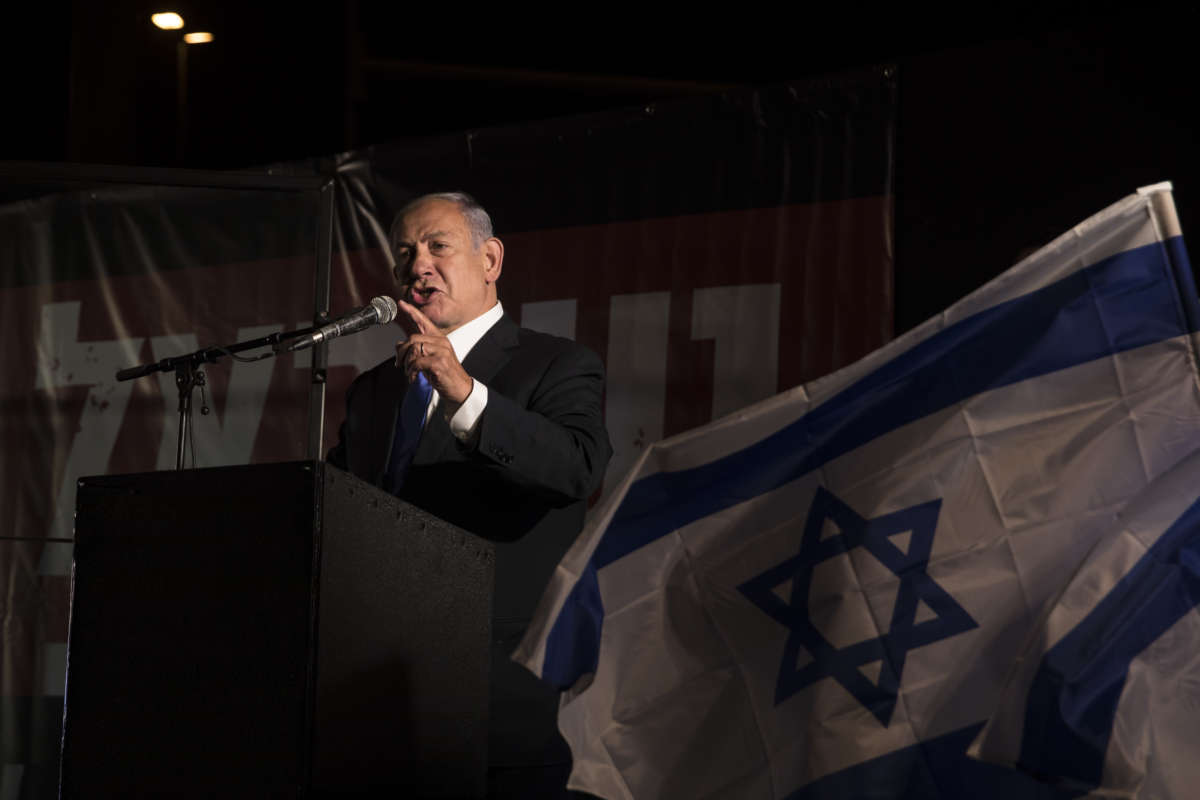 Former Israeli Prime Minister Benjamin Netanyahu speaks during a protest against the Israeli government on April 6, 2022 in Jerusalem, Israel.