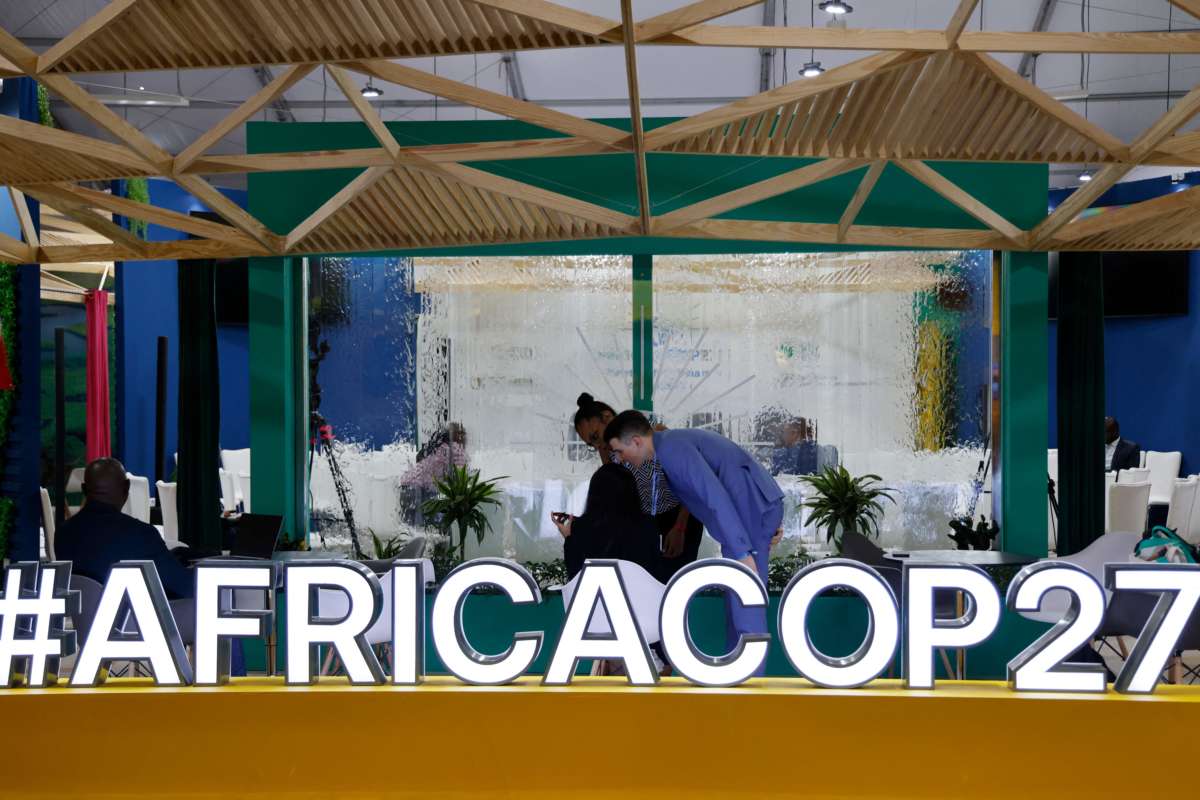 Participants and delegates work in the Africa Pavilion at the Sharm El-Sheikh International Convention Centre, on the first day of the COP27 climate summit in Sharm El-Sheikh, Egypt on November 6, 2022.