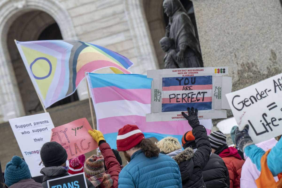 Minnesotans hold a rally at the state capitol to support trans kids in St. Paul, Minnesota on March 6, 2022.