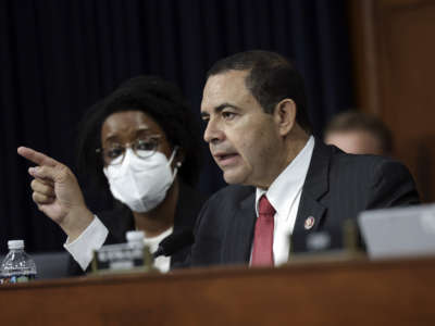 U.S. Rep. Henry Cuellar questions U.S. Homeland Security Secretary Alejandro Mayorkas as he testifies before a House Appropriations Subcommittee on April 27, 2022 in Washington, DC.