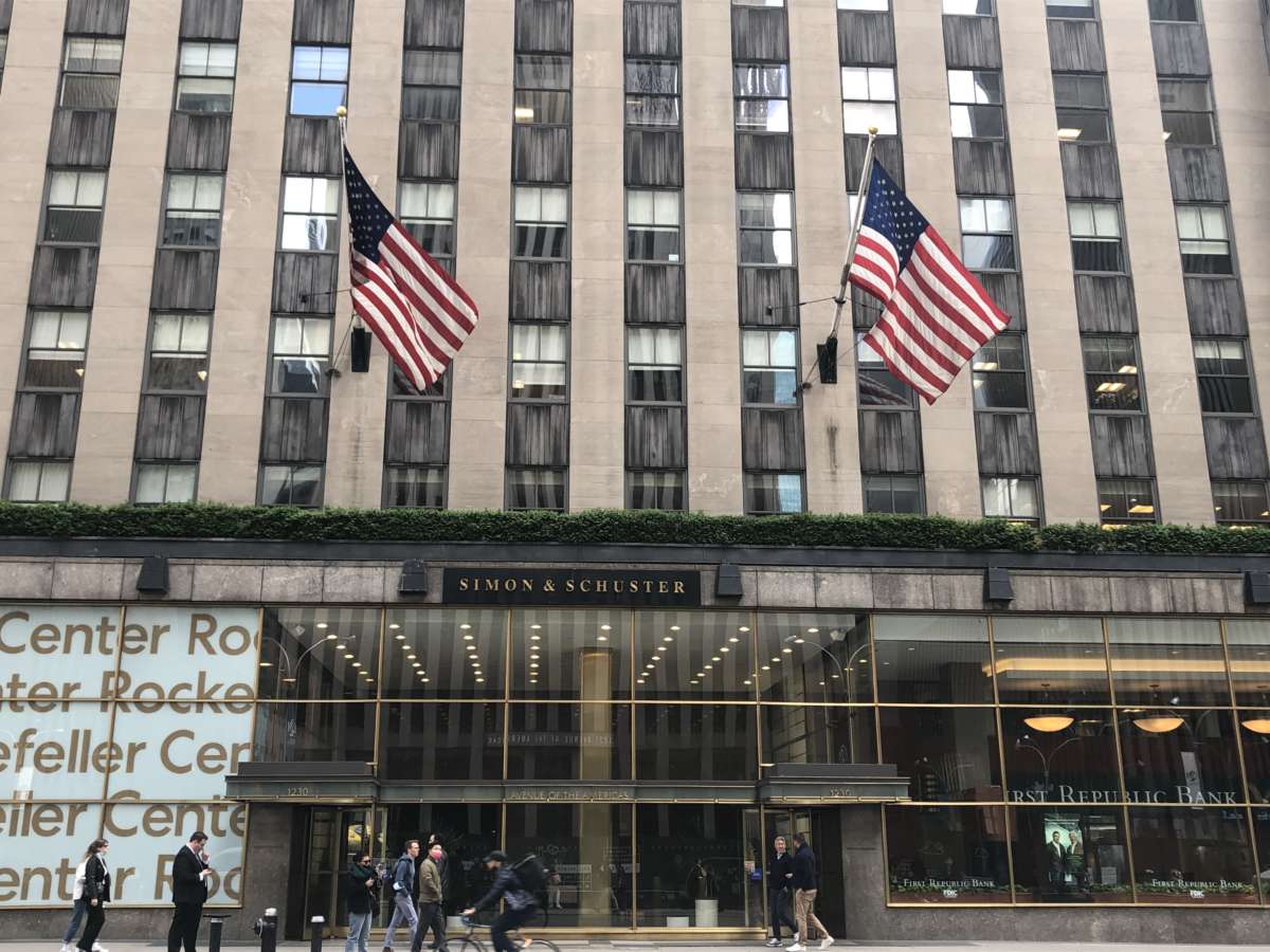 Simon & Schuster publishing house building entrance, Manhattan, New York.