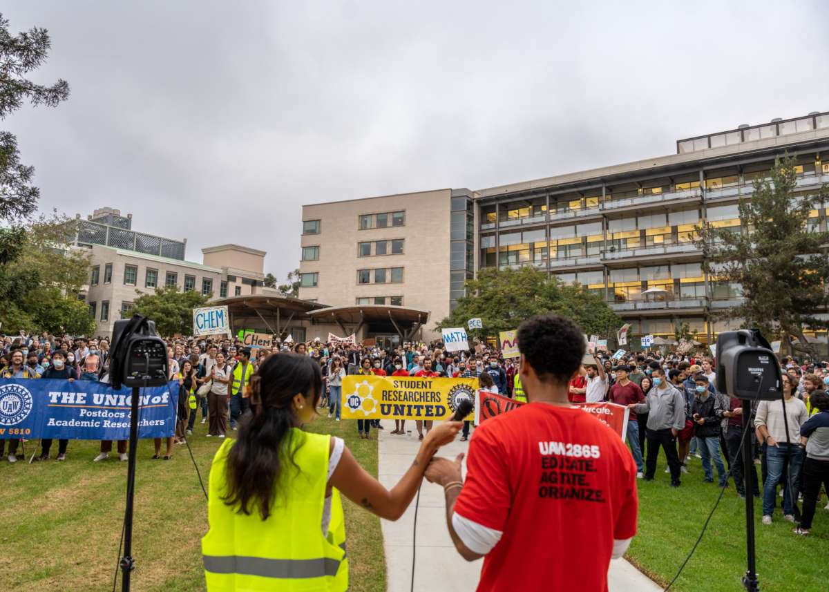 Striking student workers gather at UC San Diego as graduate student workers at all 10 UC campuses went on strike.
