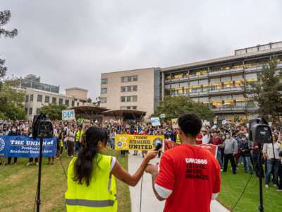 Striking student workers gather at UC San Diego as graduate student workers at all 10 UC campuses went on strike.