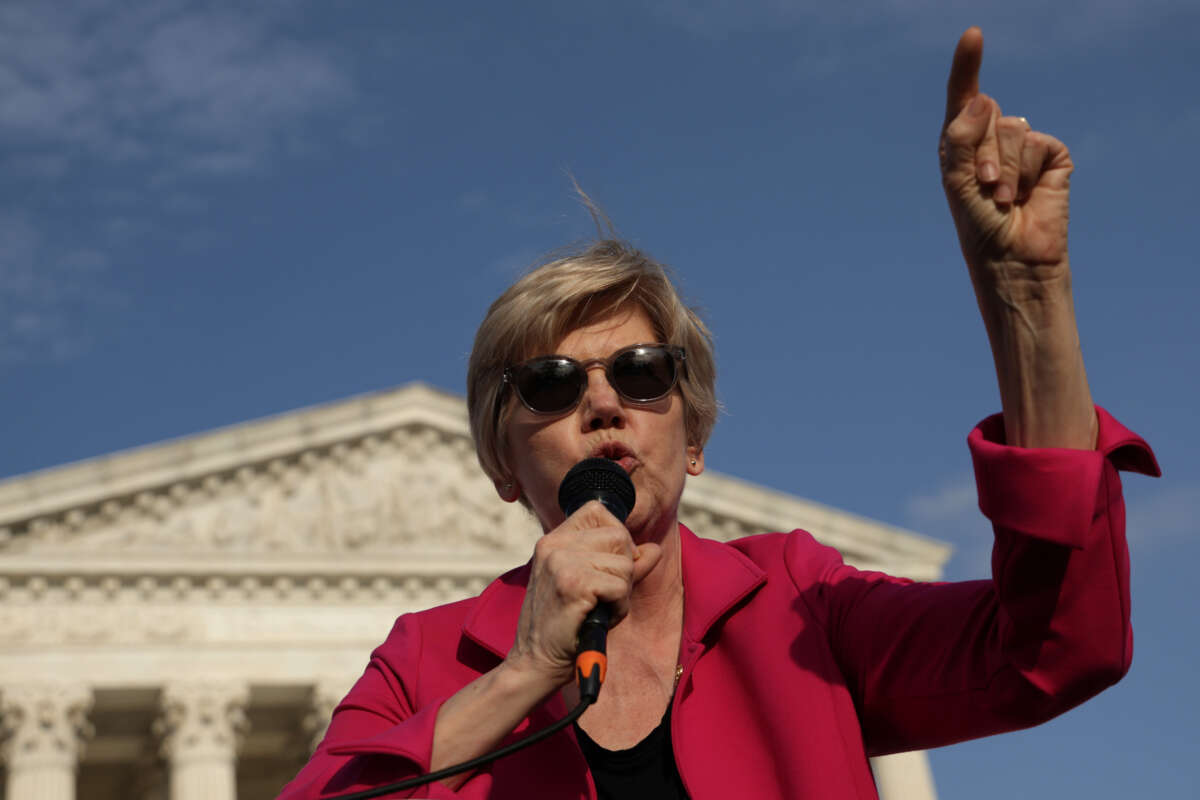 Sen. Elizabeth Warren (D-Massachusetts) speaks during a rally in front of the U.S. Supreme Court in response to the leaked Supreme Court draft decision to overturn Roe v. Wade May 3, 2022 in Washington, D.C.