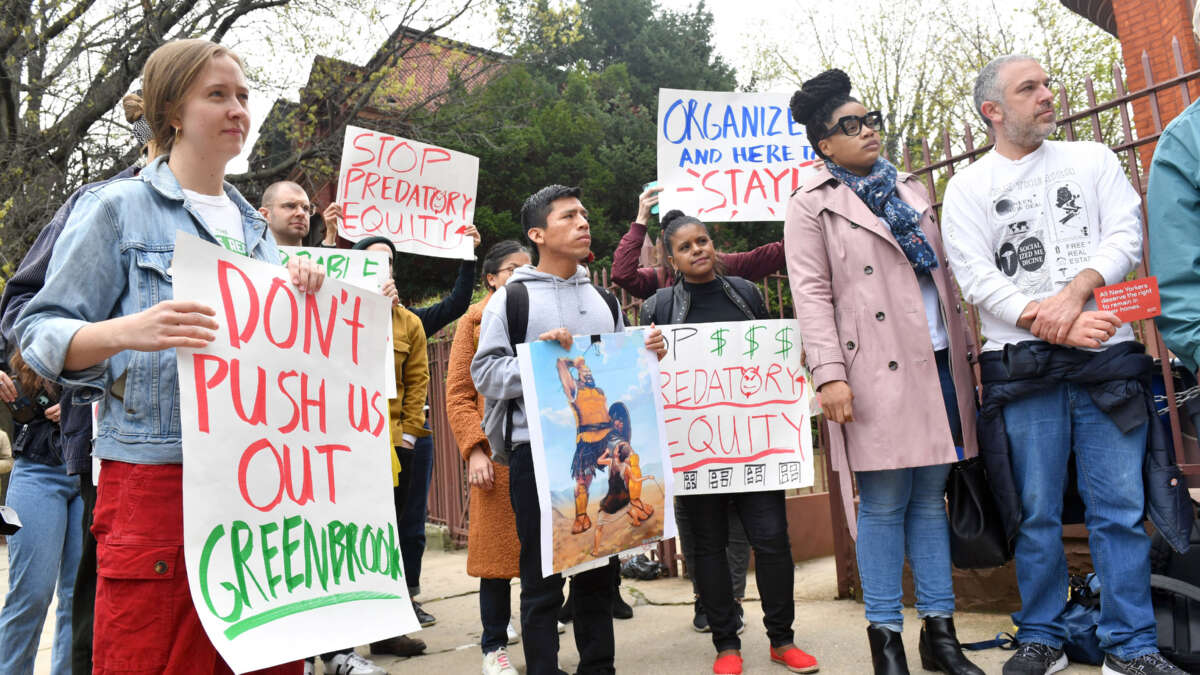 People gather to protest rent increases and aggressive evictions, and in support of tenant rights, on April 23, 2022, in the Brooklyn borough of New York City.
