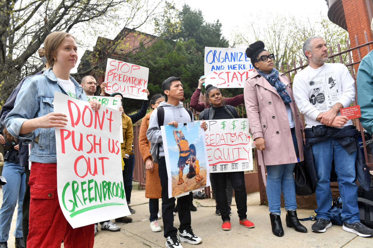 People gather to protest rent increases and aggressive evictions, and in support of tenant rights, on April 23, 2022, in the Brooklyn borough of New York City.