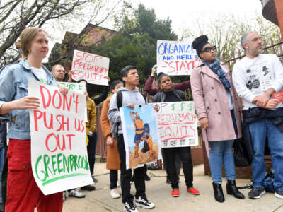 People gather to protest rent increases and aggressive evictions, and in support of tenant rights, on April 23, 2022, in the Brooklyn borough of New York City.