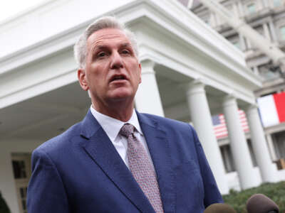 House Minority Leader Kevin McCarthy speaks to the media following a meeting with President Joe Biden at the White House on November 29, 2022, in Washington, D.C.