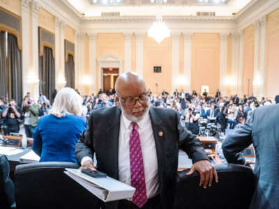 Rep. Bennie Thompson, Chair of the House Select Committee to Investigate the January 6th Attack on the U.S. Capitol, stands to depart during a break in a hearing at the Cannon House Office Building on October 13, 2022, in Washington, D.C.