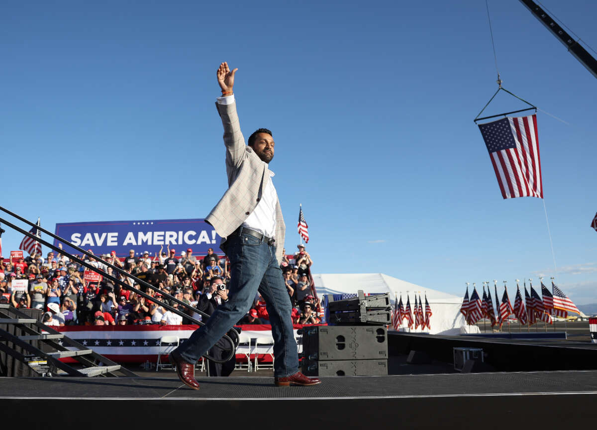 Former Chief of Staff to the Department of Defense Kash Patel greets the crowd during a campaign rally at Minden-Tahoe Airport on October 8, 2022, in Minden, Nevada.