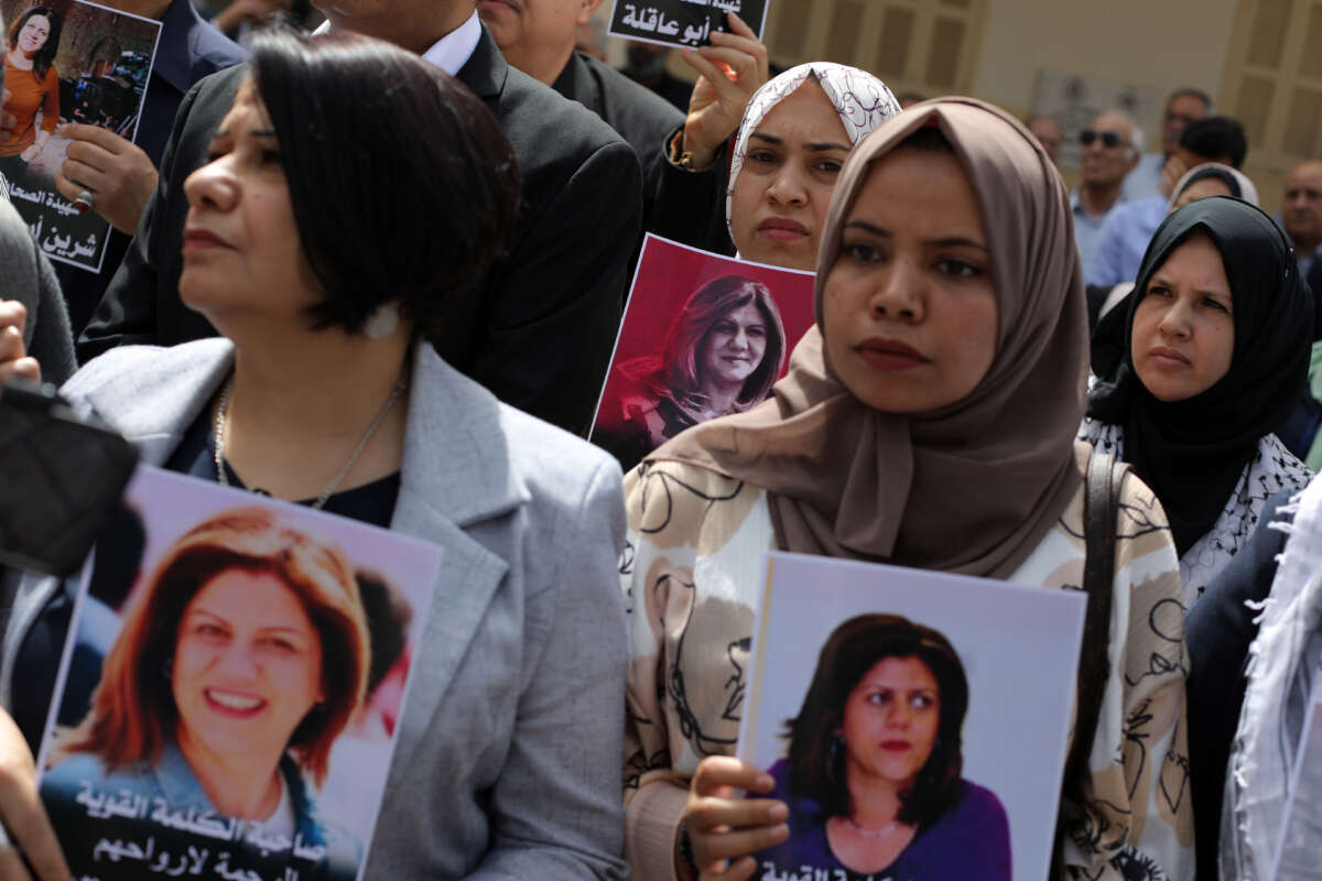 Palestinians take part in a demonstration following the death of veteran Al-Jazeera journalist Shireen Abu Akleh in Gaza City on May 15, 2022.