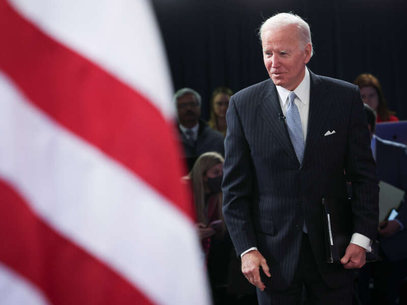 President Joe Biden greets guests before speaking at an event with business and labor leaders at the White House complex on November 18, 2022, in Washington, D.C.