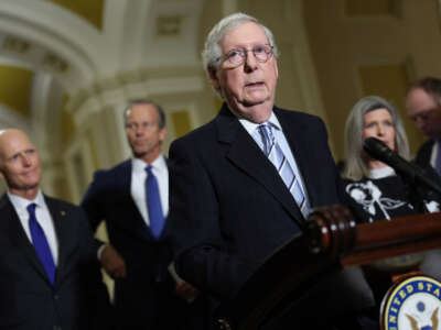 Senate Minority Leader Mitch McConnell speaks to reporters at the U.S. Capitol on December 6, 2022, in Washington, D.C.