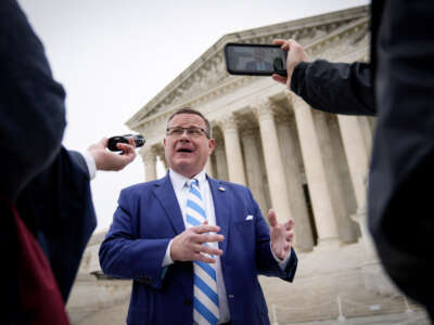 Speaker of the North Carolina House of Representatives Tim Moore talks to reporters outside the U.S. Supreme Court after he attended oral arguments in the Moore v. Harper case on December 7, 2022, in Washington, D.C.