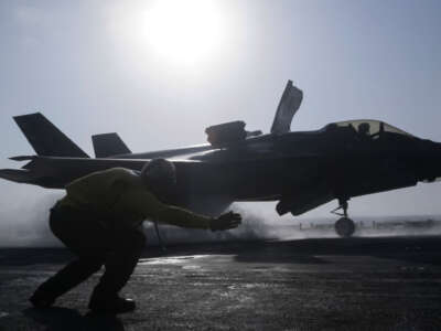 An F-35B Lightning II launches from the Wasp-class amphibious assault ship USS Essex on September 27, 2018.