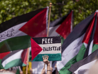 Hundreds of people gather in front of the Consulate General of Israel in Los Angeles, California, on May 18, 2021, to protest in solidarity with Palestinians on strike in Israel, the West Bank and the Gaza Strip.