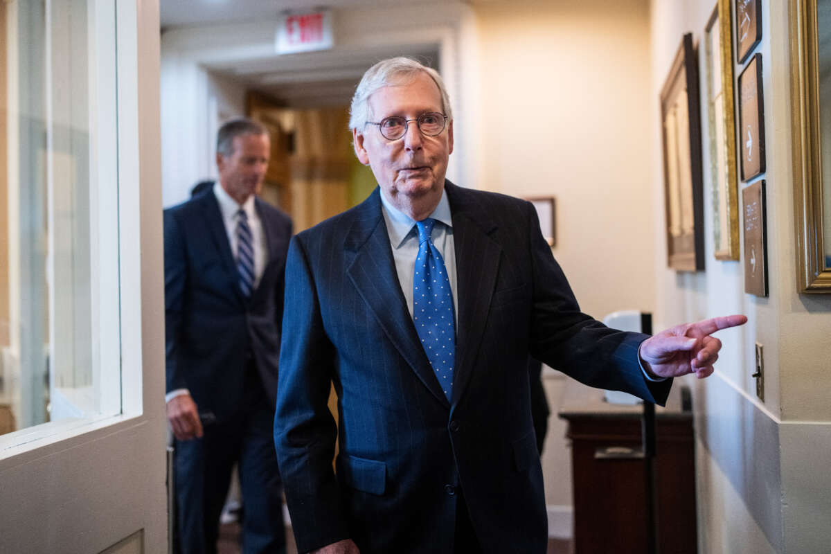 Senate Minority Leader Mitch McConnell arrives to a news conference after being re-elected as the leader of the Senate Republican Conference in the U.S. Capitol on November 16, 2022.
