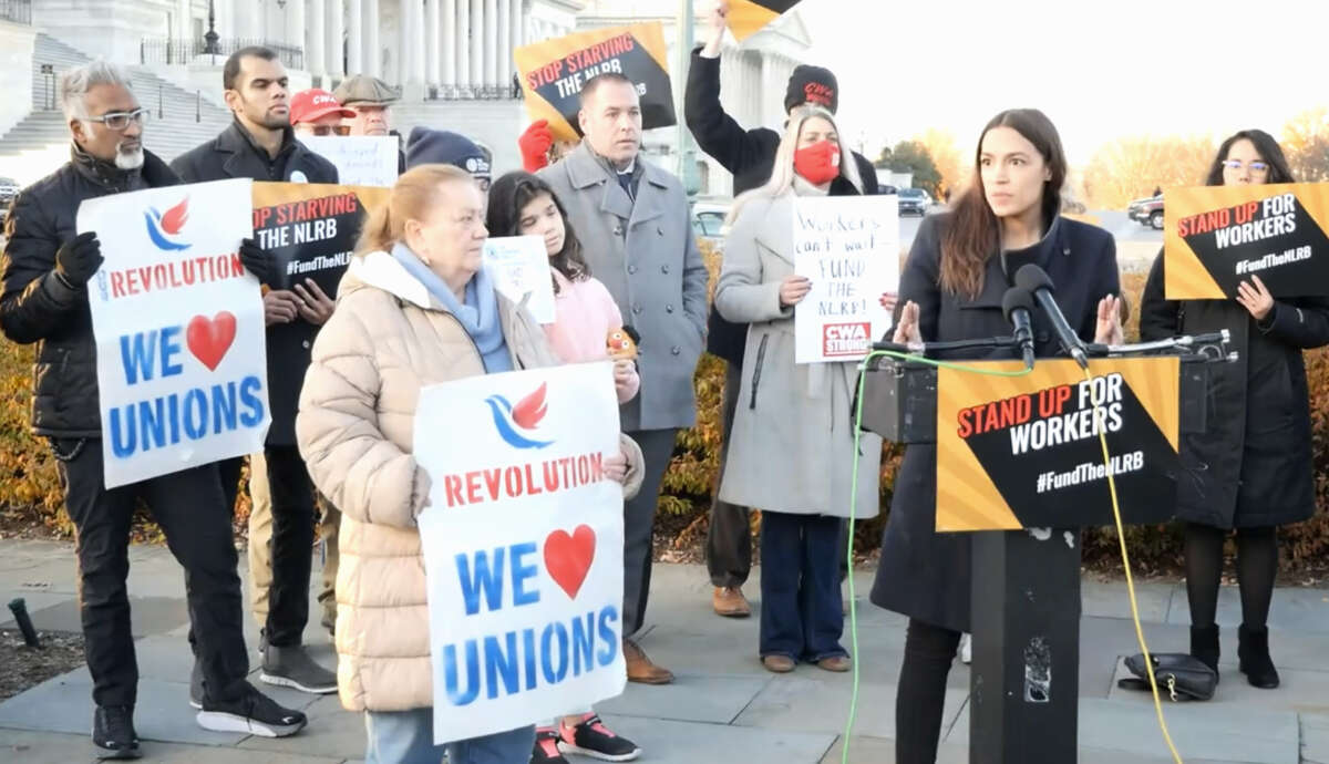 Rep. Alexandria Ocasio-Cortez speaks at a press conference with members of Our Revolution on December 13, 2022, at the U.S. Capitol.