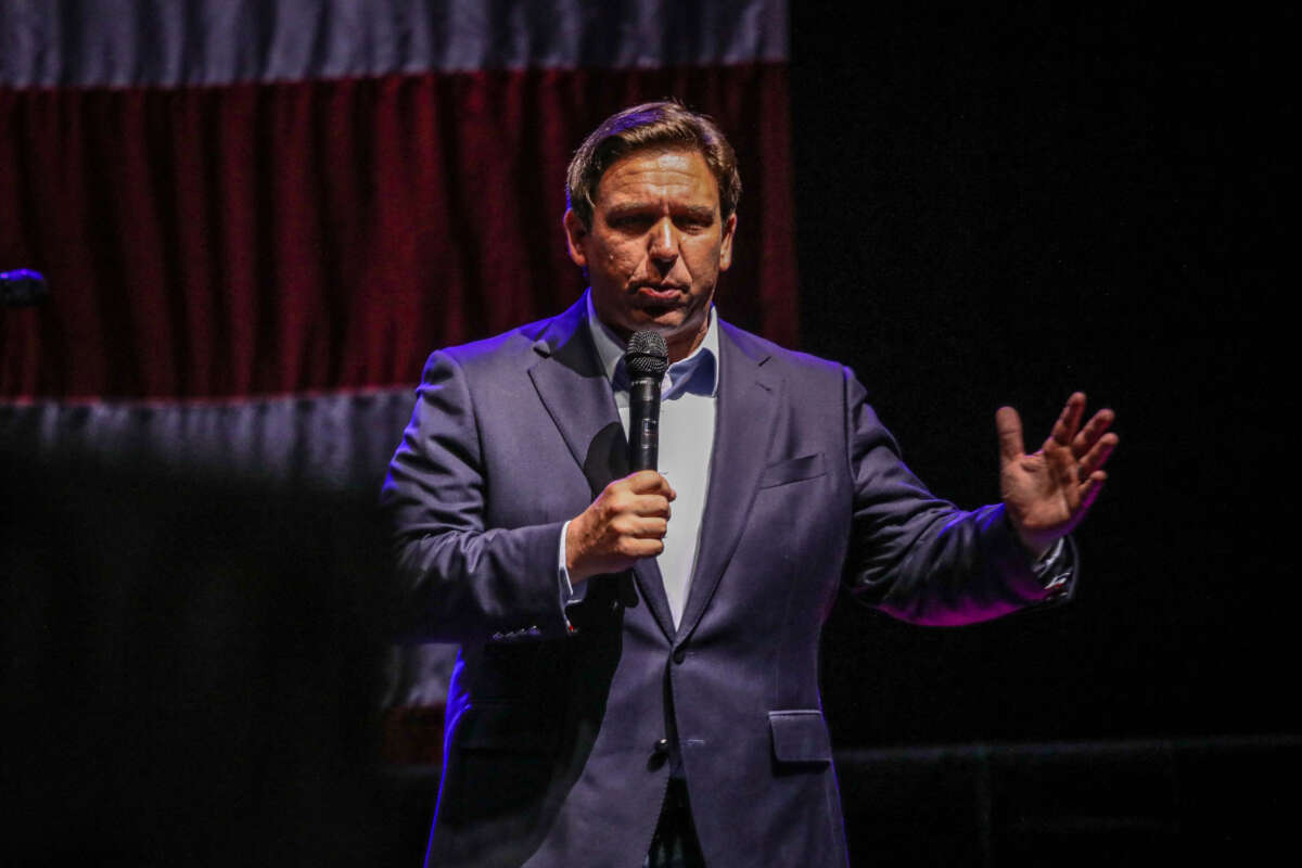 Florida Governor Ron DeSantis speaks during a campaign event at the Alico Arena ahead of the midterm elections, November 6, 2022, in Fort Myers, Florida.