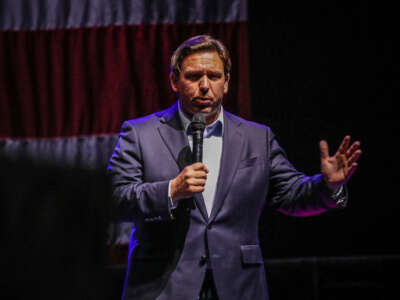 Florida Governor Ron DeSantis speaks during a campaign event at the Alico Arena ahead of the midterm elections, November 6, 2022, in Fort Myers, Florida.