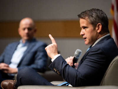 Rep. Adam Kinzinger speaks during a discussion at the Salt Lake City Public Library in Salt Lake City, Utah, on October 20, 2022.