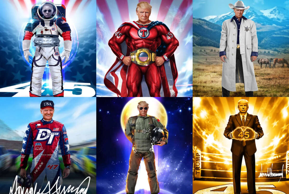 Photo illustrations of Donald Trump featured on digital trading card NFTs.
