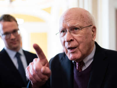 Sen. Patrick Leahy speaks with reporters outside the Senate chamber in the U.S. Capitol on November 14, 2022.
