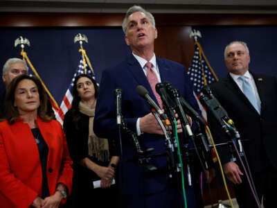 Flanked by members of his incoming leadership team, House Minority Leader Kevin McCarthy talks to reporters in the U.S. Capitol Visitors Center on November 15, 2022, in Washington, D.C.