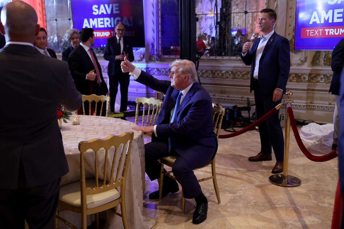 Former President Donald Trump gestures during an election night event at Mar-a-Lago on November 8, 2022, in Palm Beach, Florida.