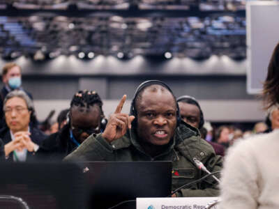 A delegate from the Democratic Republic of Congo speaks into a microphone