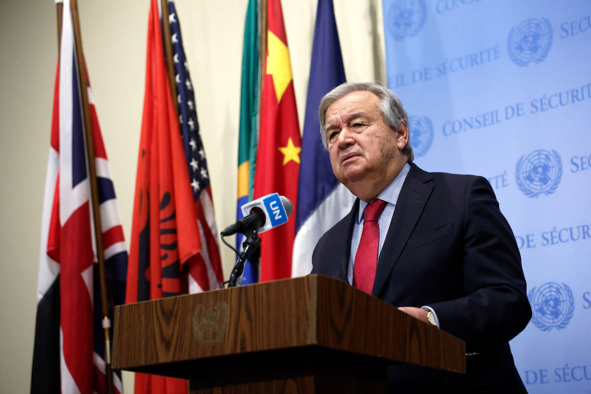 UN Secretary General António Guterres speaks to the press at the United Nations headquarters on October 17, 2022, in New York City.