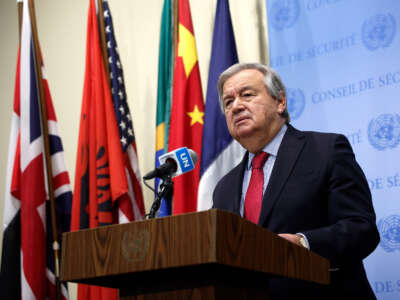 UN Secretary General António Guterres speaks to the press at the United Nations headquarters on October 17, 2022, in New York City.